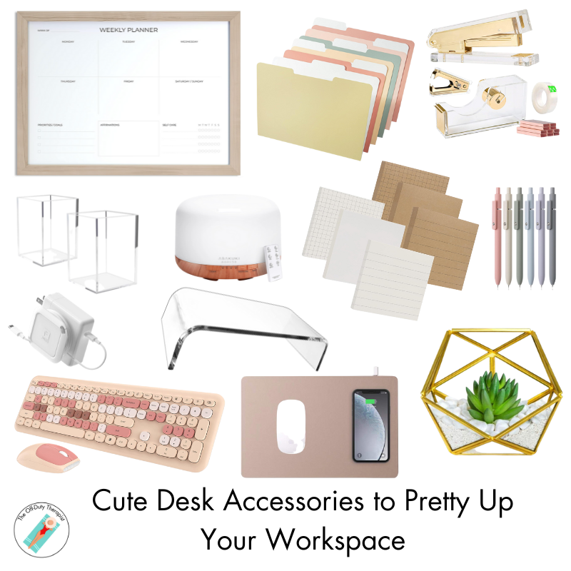 White background with a variety of cute desk accessories displayed