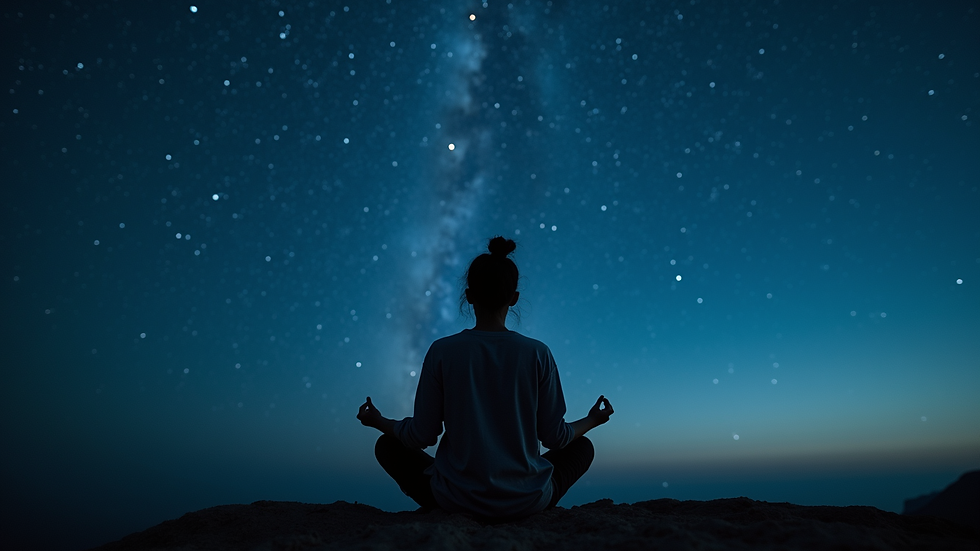 Close-up view of a person meditating with a starry night sky in the background