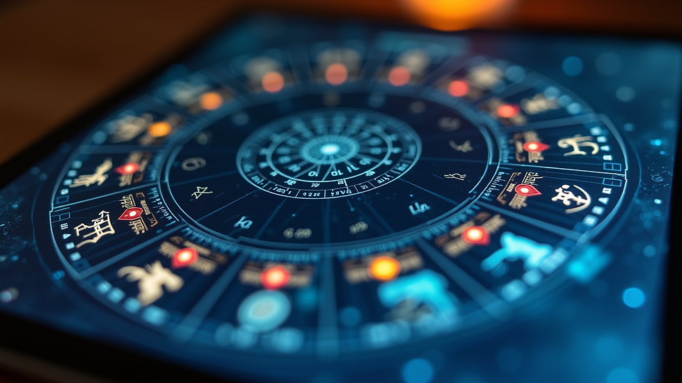 Close-up view of a laptop screen showing an astrology chart with colorful symbols