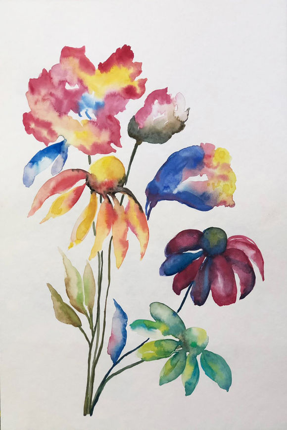 Acuarela, watercolor, flores, azul, rojo, amarillo, pinceles, arte, decoración, interiorismo, venta de arte, arte dealers.
