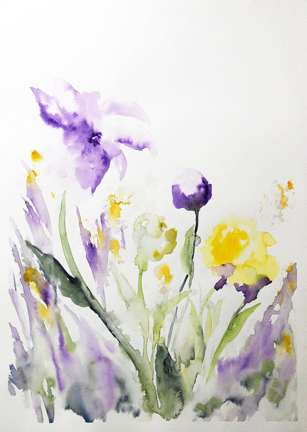 Acuarela, watercolor, flores, lila, morado, verde, amarillo, pinceles, arte, decoración, interiorismo, venta de arte.