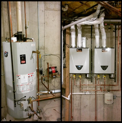 Water tank heater insallation of twin on-demand tankless units