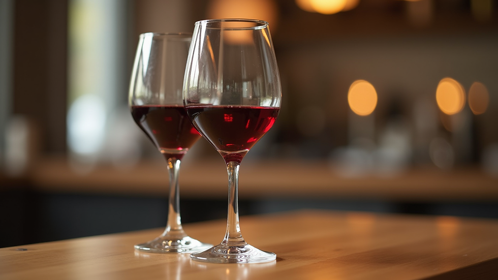 Close-up view of a wine glass filled with organic red wine on a wooden table
