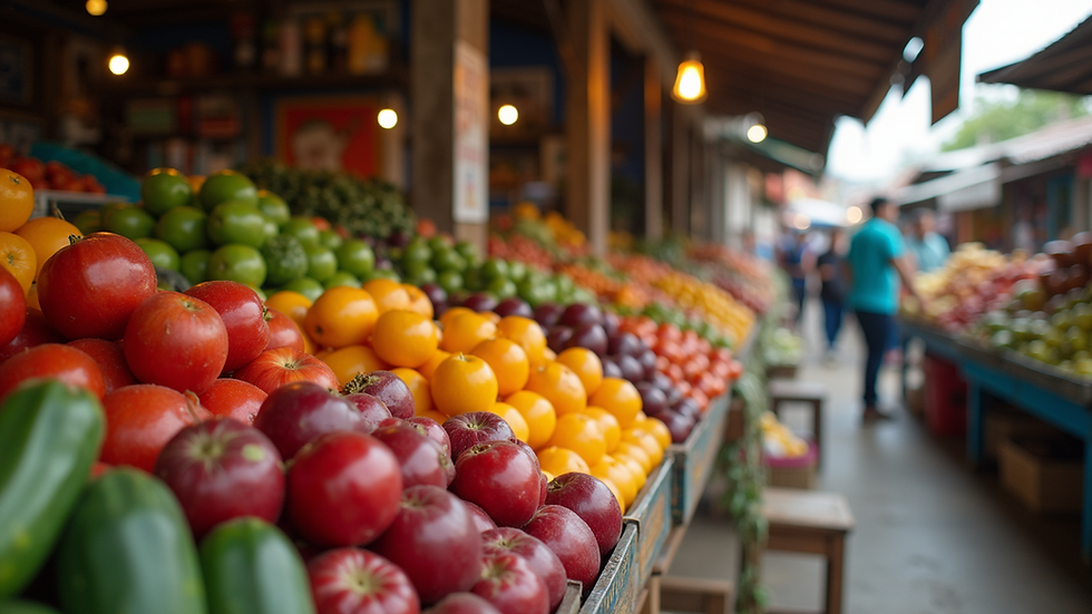 Eye-level view of a vibrant Ecuadorian market with colorful fruits and vegetables