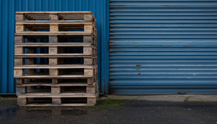 Close-up view of stacked pallets beside a blue roller shutter.