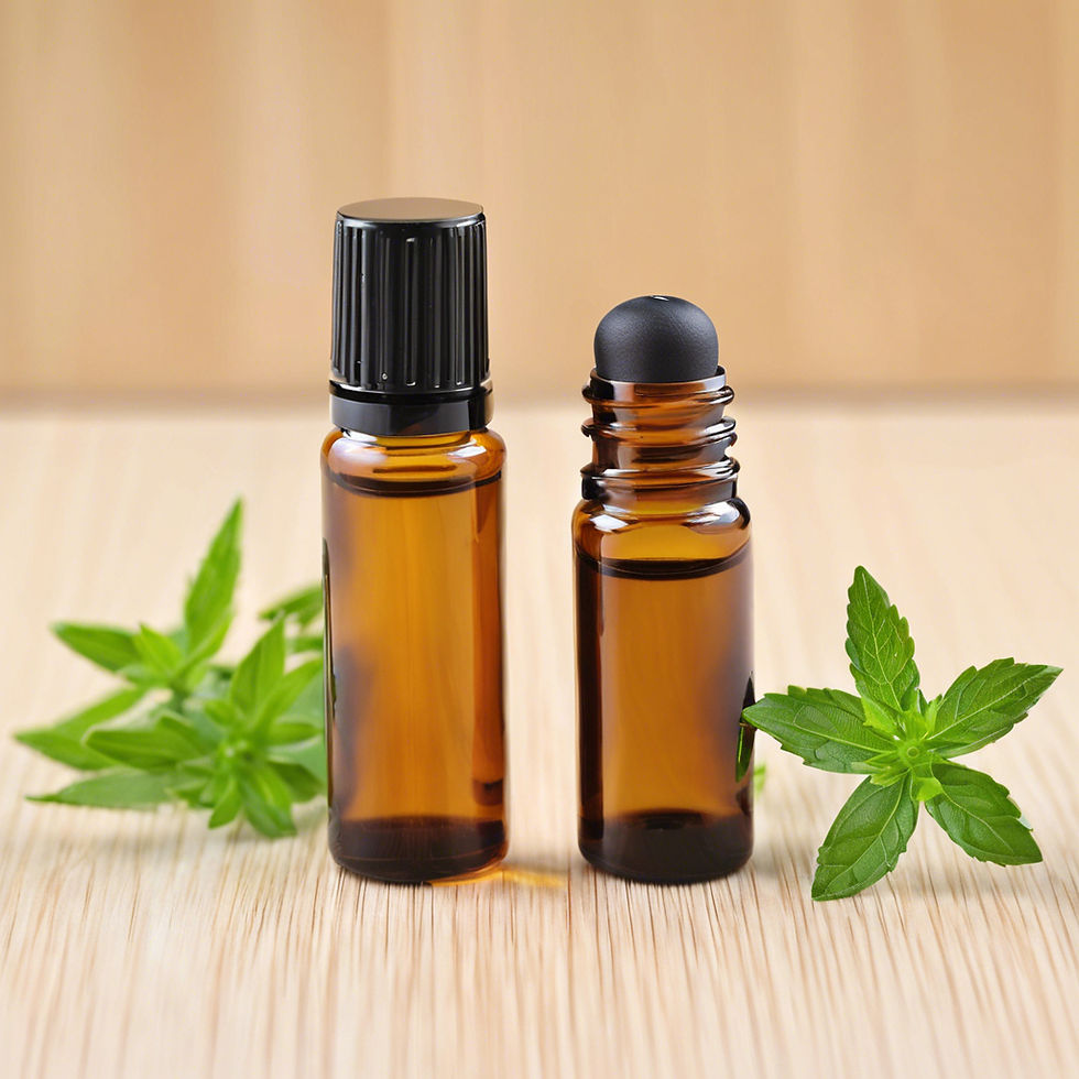 Miniatura: Two aromatherapy bottles with green leaves on wooden surface, essential oil.