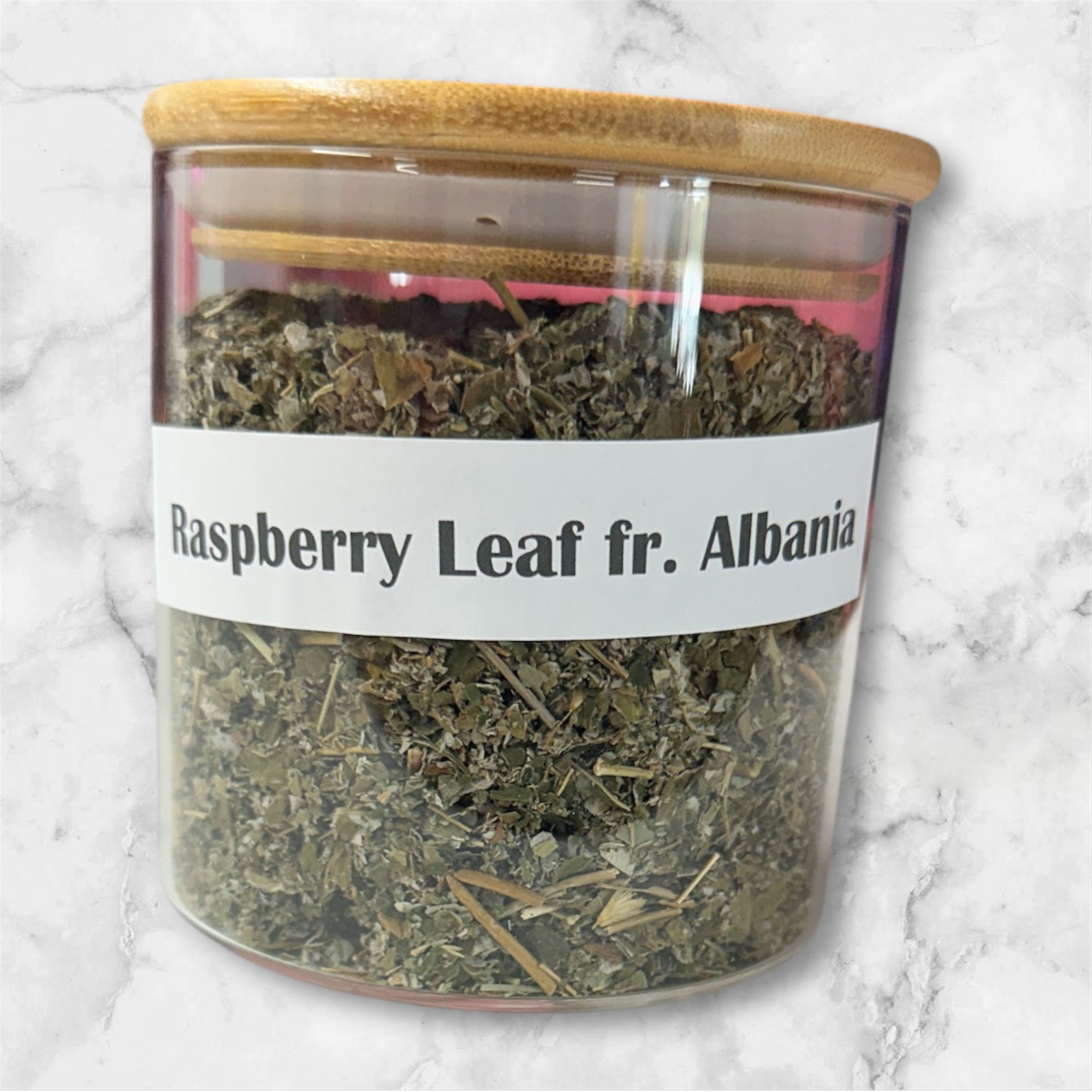 Raspberry Leaf fr. Albania inside a jar for herbal remedy, Sea Moss Me Now.