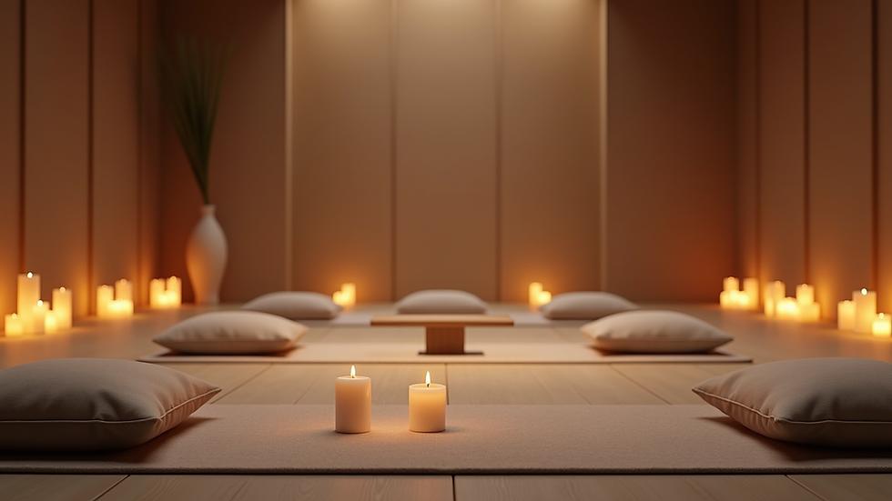 Eye-level view of a serene meditation space with candles and cushions