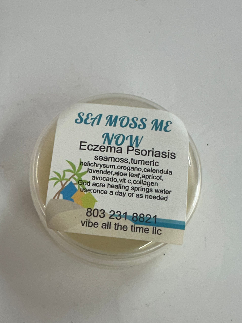Sea Moss Me Now label with text for eczema, psoriasis, acne, healing