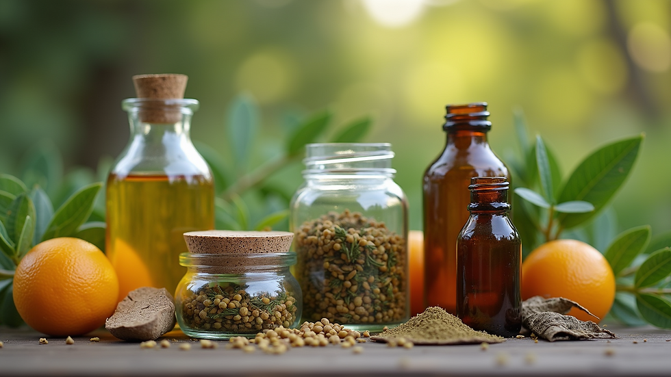 Close-up view of herbal remedies displayed on a wooden table