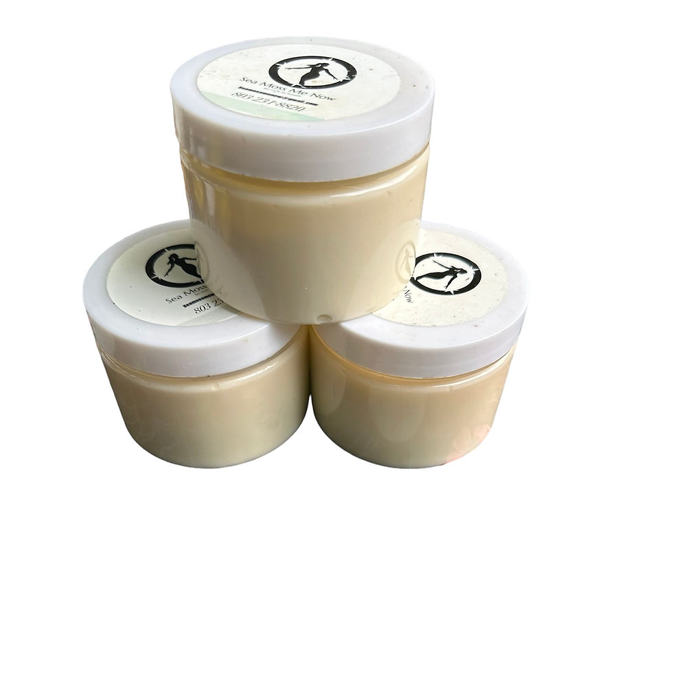 Three white cream jars with logo, healthy skin moisturizer product Sea Moss Me Now