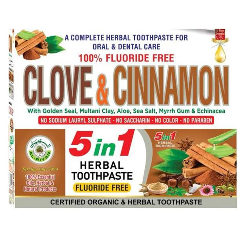 Clove & Cinnamon 5 in 1 herbal toothpaste, 100% fluoride free, oral care.