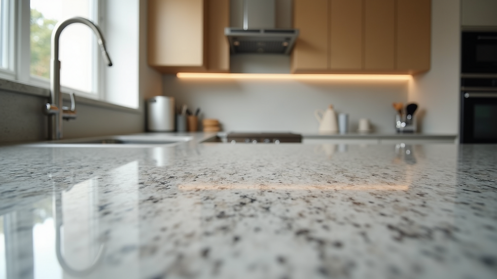 Eye-level view of a modern kitchen with elegant granite countertops