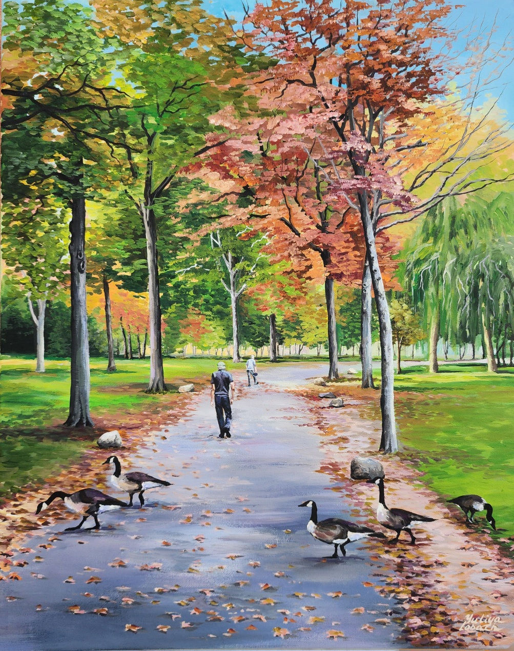 Geese sidewalk.  Acrylic on canvas. Size 20/16