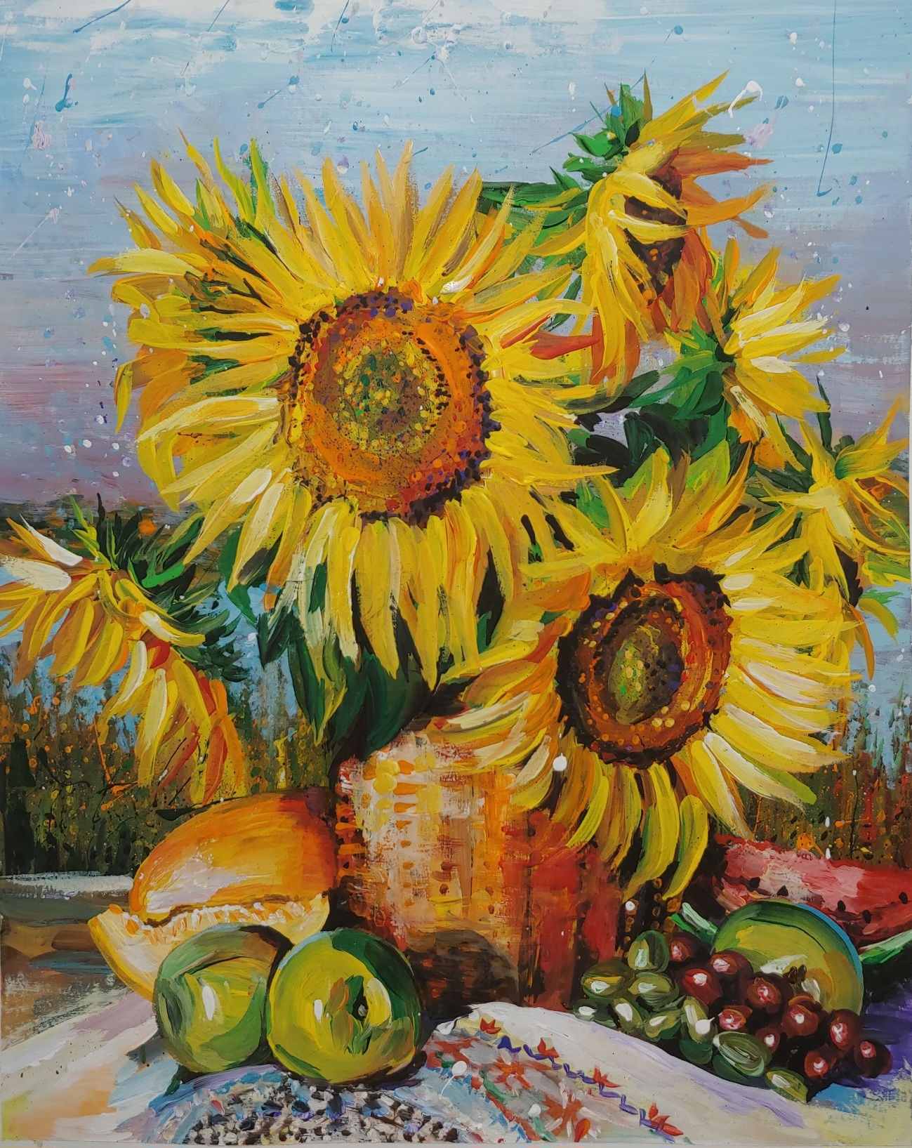Sunflowers.  Acrylic on paper. Size 12/15