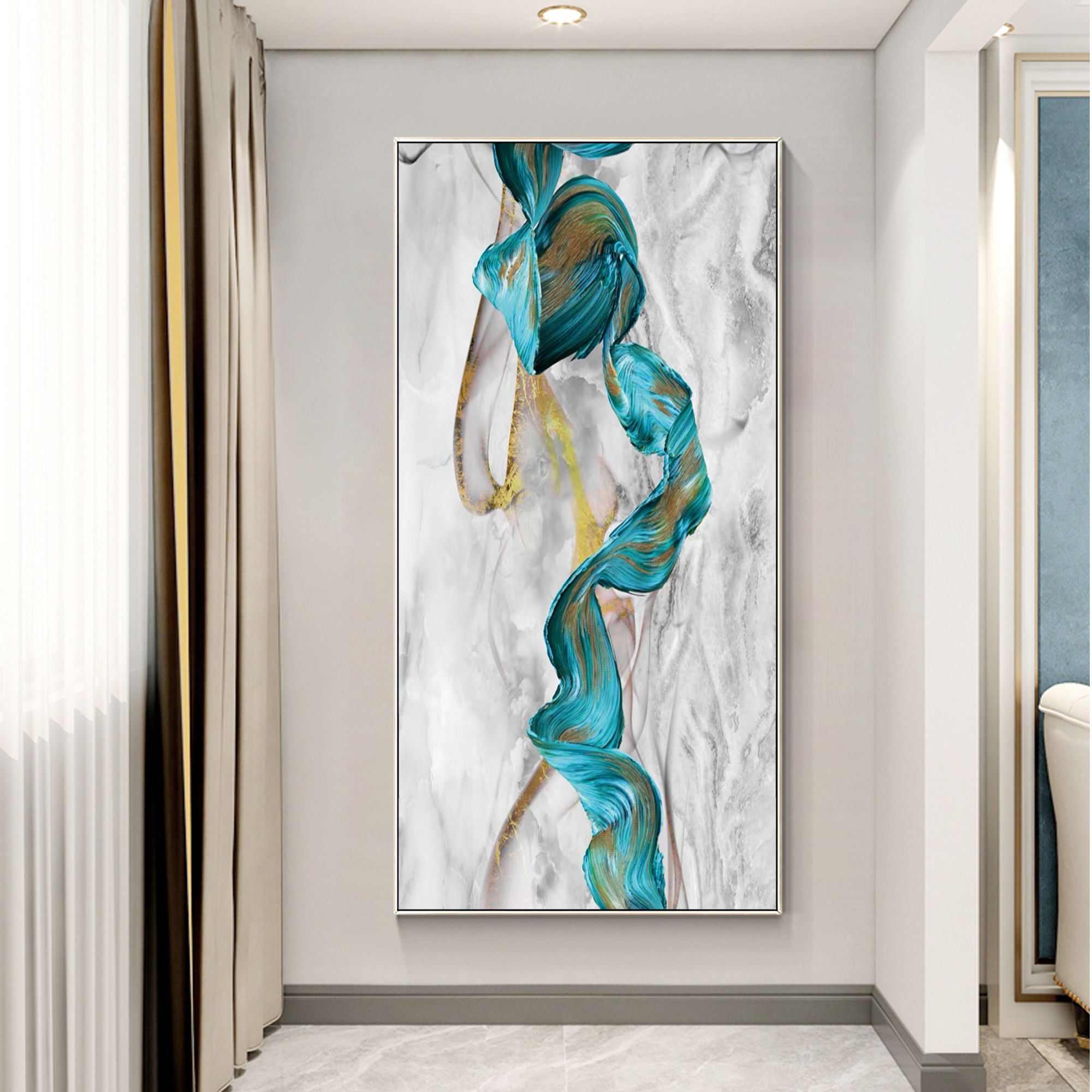 Teal Ribbon Abstract Painting, Livingroom Wall Art Decor