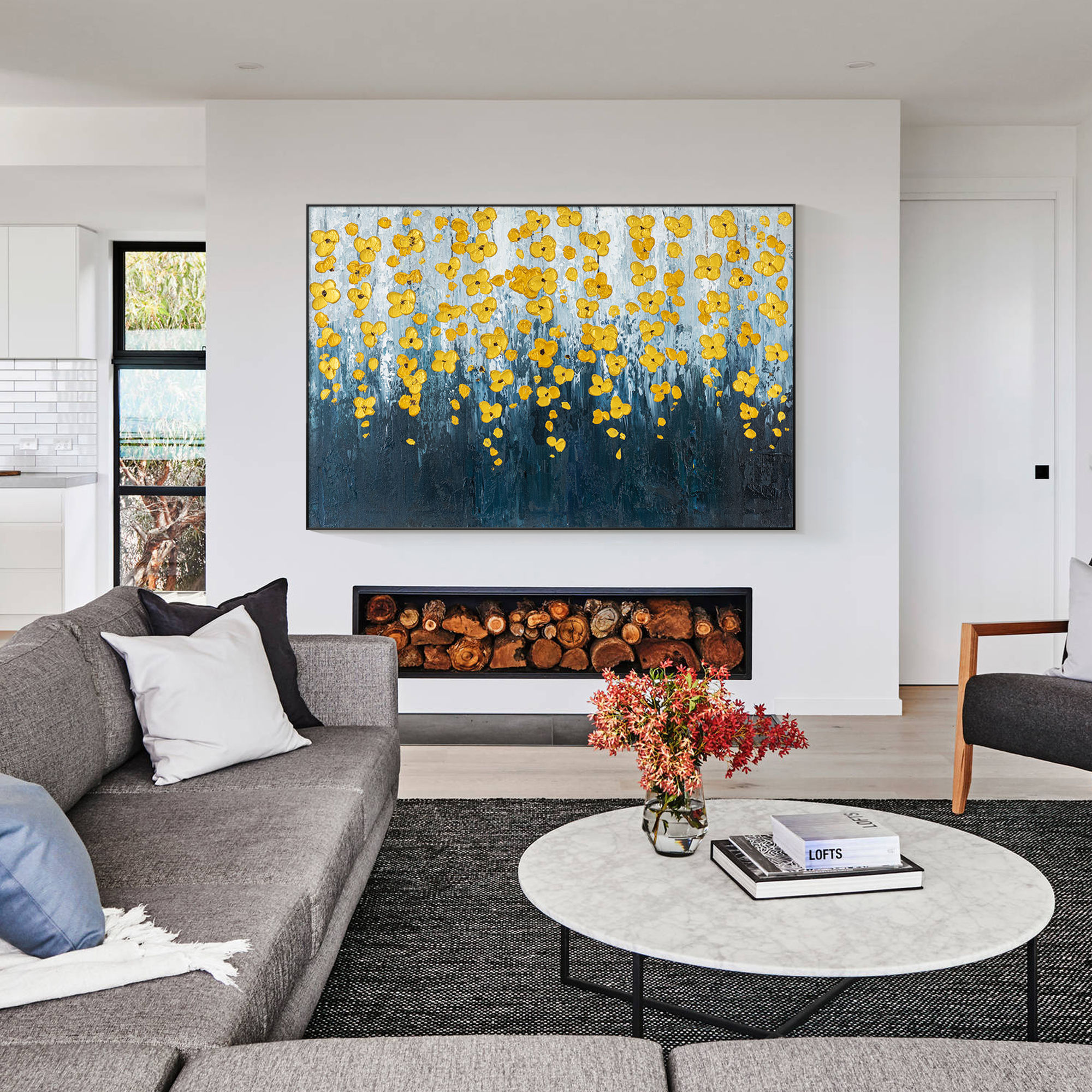 Blue gold floral Wall Art Modern Abstract Painting On Canvas