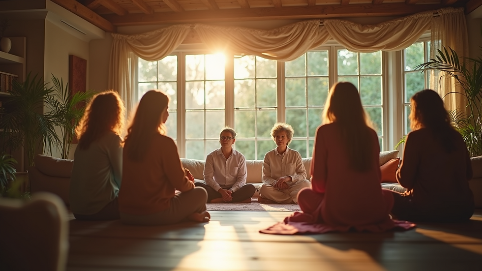 Eye-level view of a serene retreat setting with women engaged in discussion