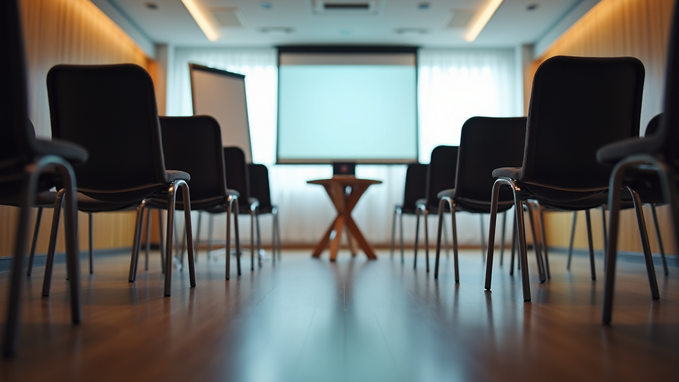 Eye-level view of a training room set up with chairs and a projector ready for a workshop