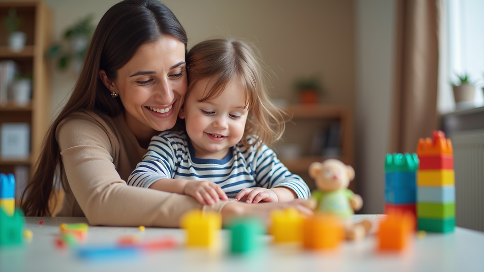 Close-up view of a parent and child playing together with educational toys