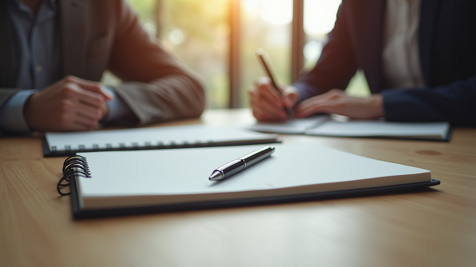 Close-up view of a notebook and pen on a wooden table during a coaching session