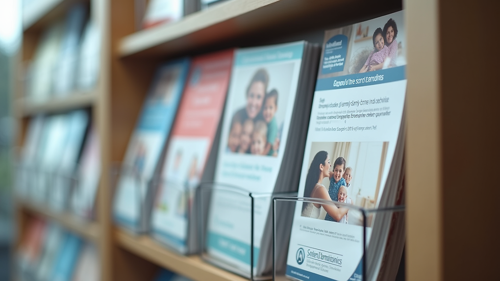Close-up view of a brochure rack with family support service pamphlets