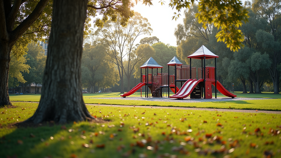 Eye-level view of a Melbourne suburban park with playground equipment
