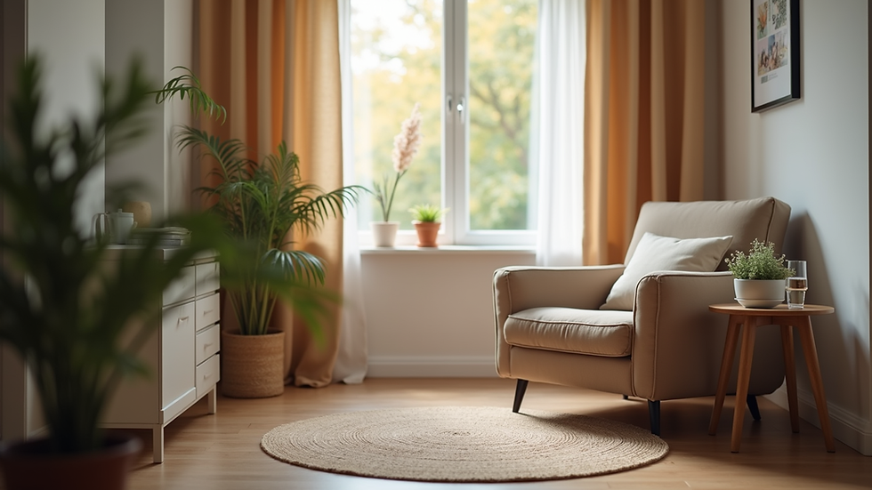 Eye-level view of a cozy counselling room with a comfortable chair and soft lighting