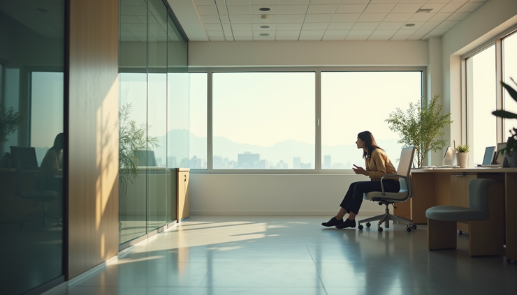 Eye-level view of a calm workspace with a single employee reflecting quietly