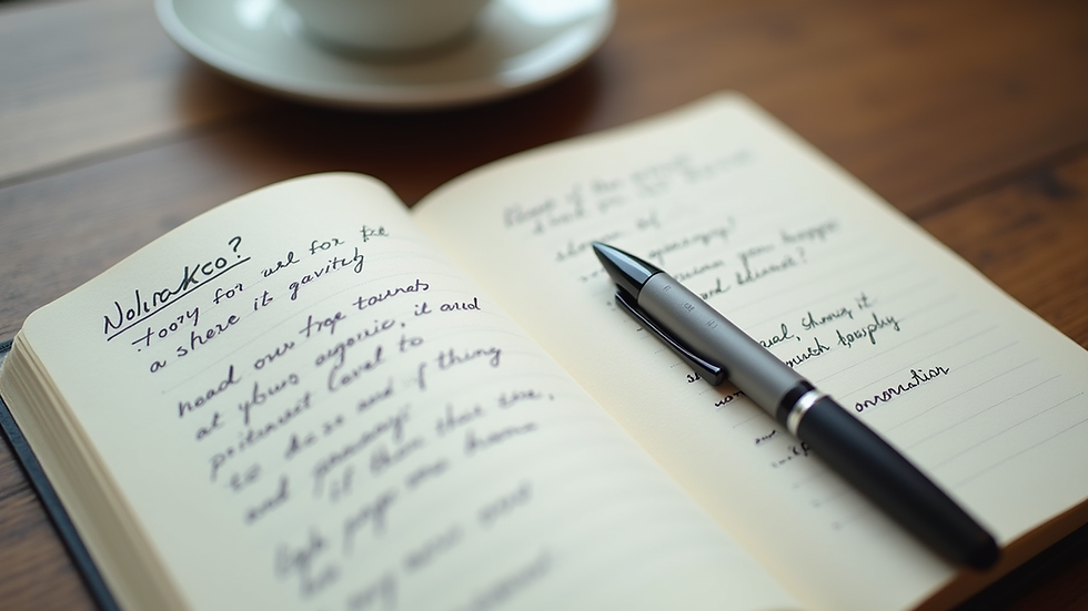 Close-up view of a journal with handwritten positive affirmations and a pen