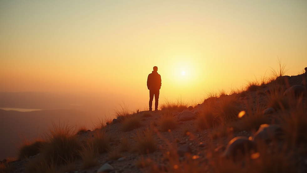 Eye-level view of a person standing confidently on a hilltop at sunrise