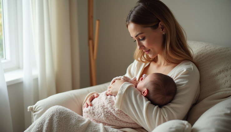 Eye-level view of mother gently holding baby in a cozy breastfeeding position