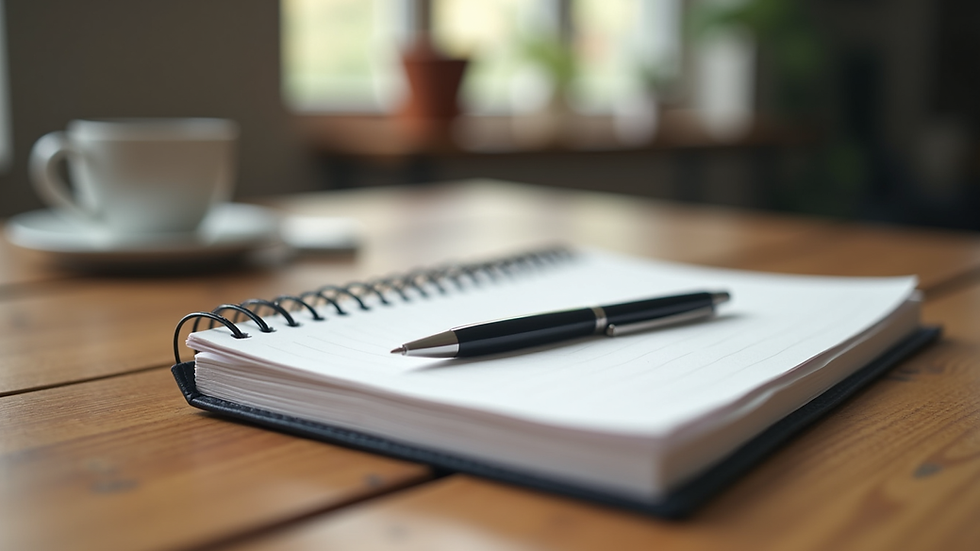 Close-up view of a notebook and pen on a wooden table ready for note-taking