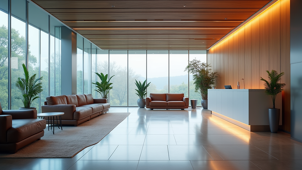 Eye-level view of a modern office reception area with comfortable seating