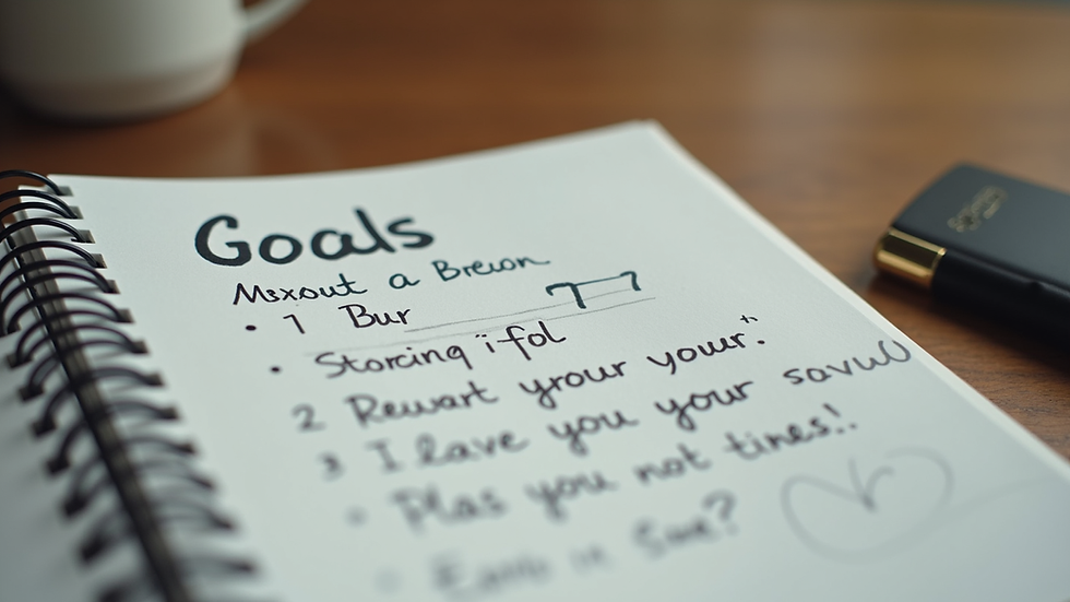 Close-up view of a notebook with handwritten goals and a pen on a wooden table