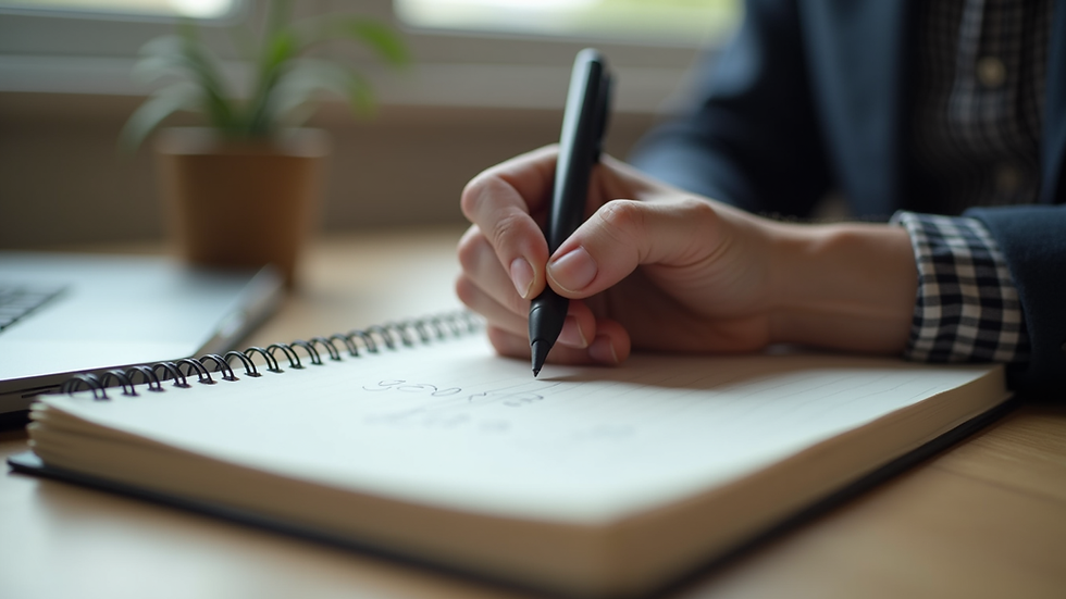 Eye-level view of a person writing goals in a notebook