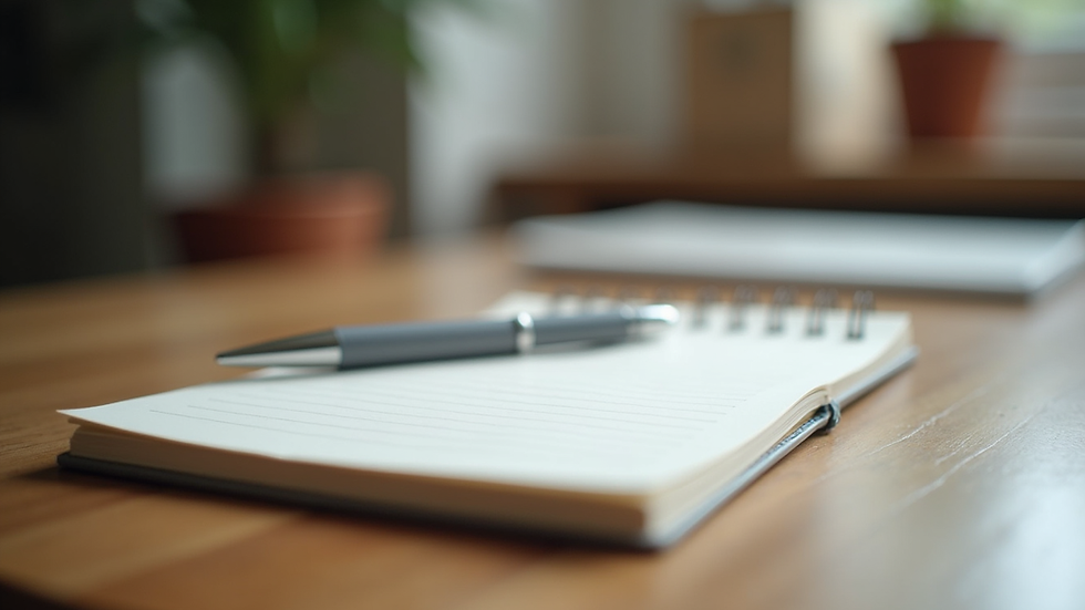 Close-up view of a notebook and pen on a wooden table, ready for journaling