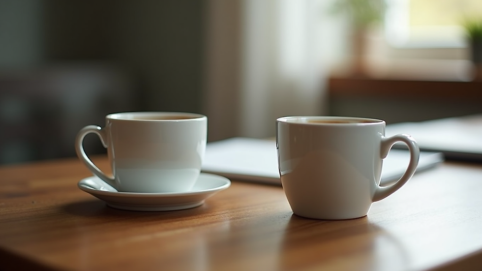 Close-up view of two coffee cups on a wooden table during a counselling session