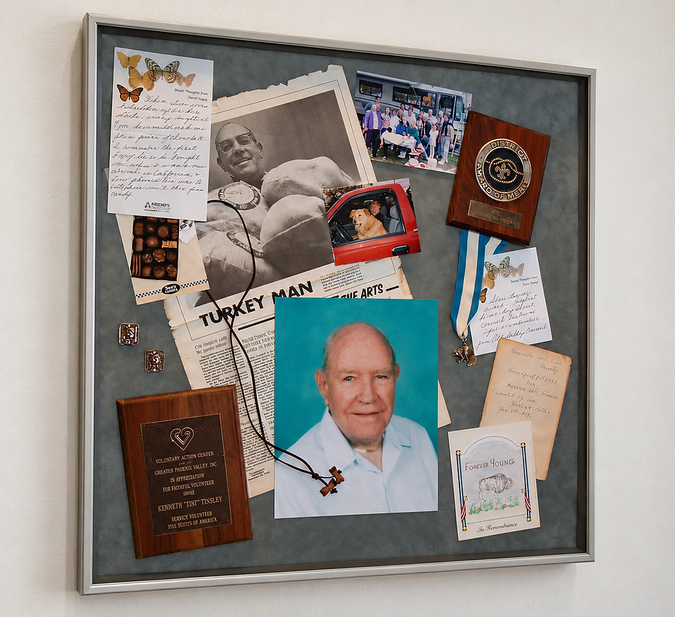 Custom framed family photographs with keepsakes in shadowbox