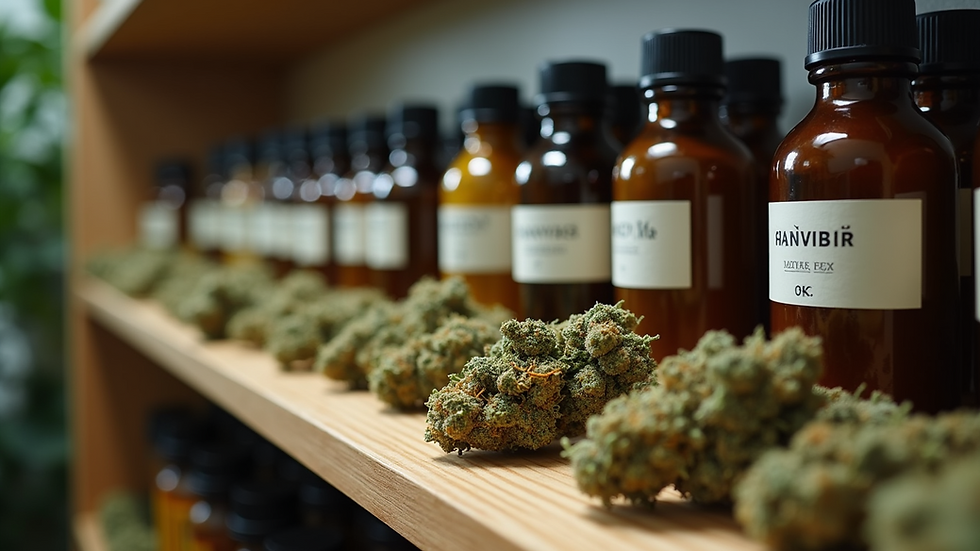High angle view of cannabis flower and products on a shelf