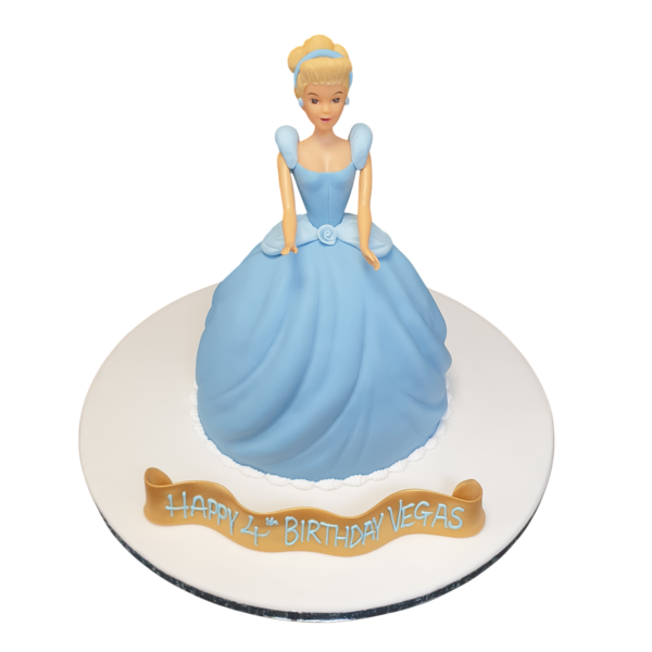 Bespoke Cinderella princess doll cake with blue gown and intricate details, crafted in Solihull, West Midlands.