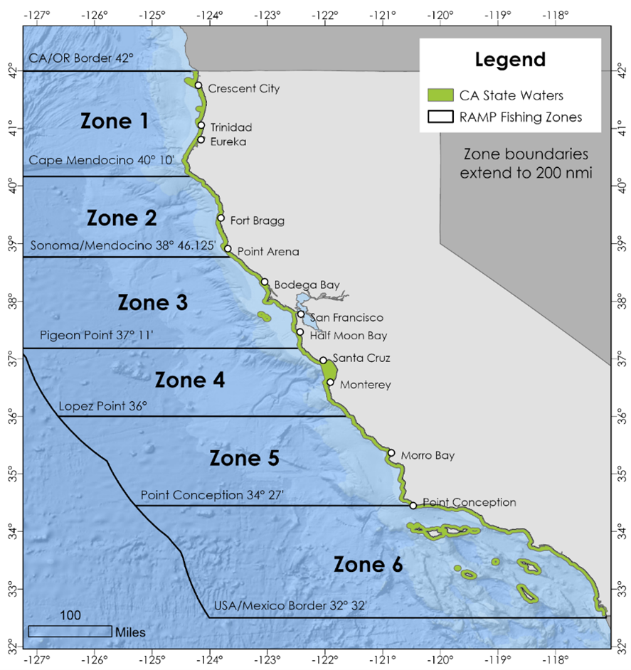 Map of fishing zones in California with boundaries outlined and labeled.