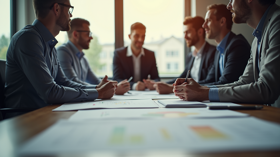 Eye-level view of a project team discussing plans around a conference table