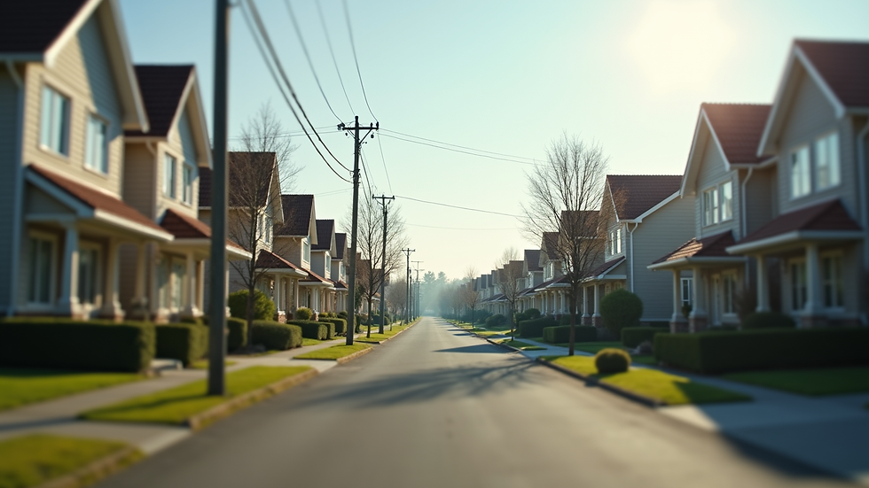 Wide angle view of a suburban neighborhood street with houses