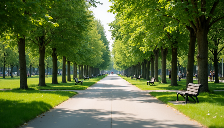 Eye-level view of a wide walking path surrounded by lush trees and benches in the new downtown park
