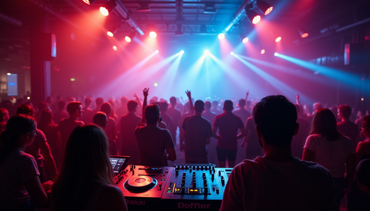 Eye-level view of a crowded Orlando nightclub with vibrant lighting and DJ setup