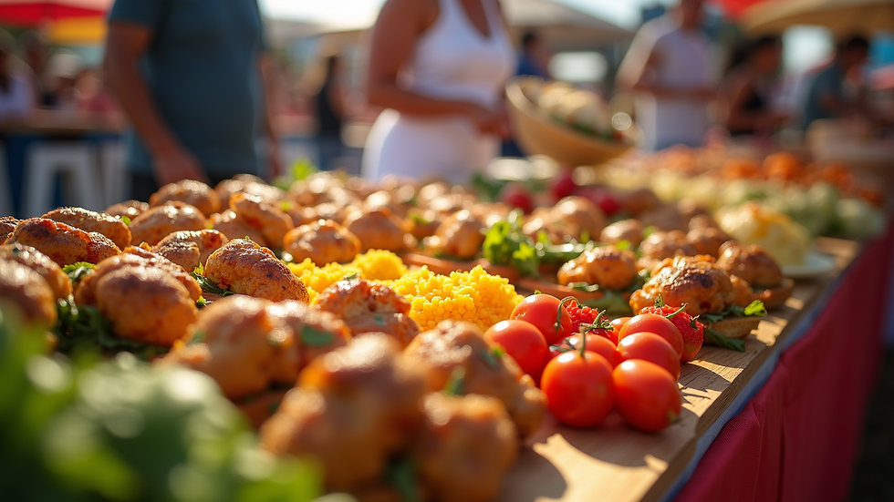 Eye-level view of a colorful food festival showcasing diverse cuisines