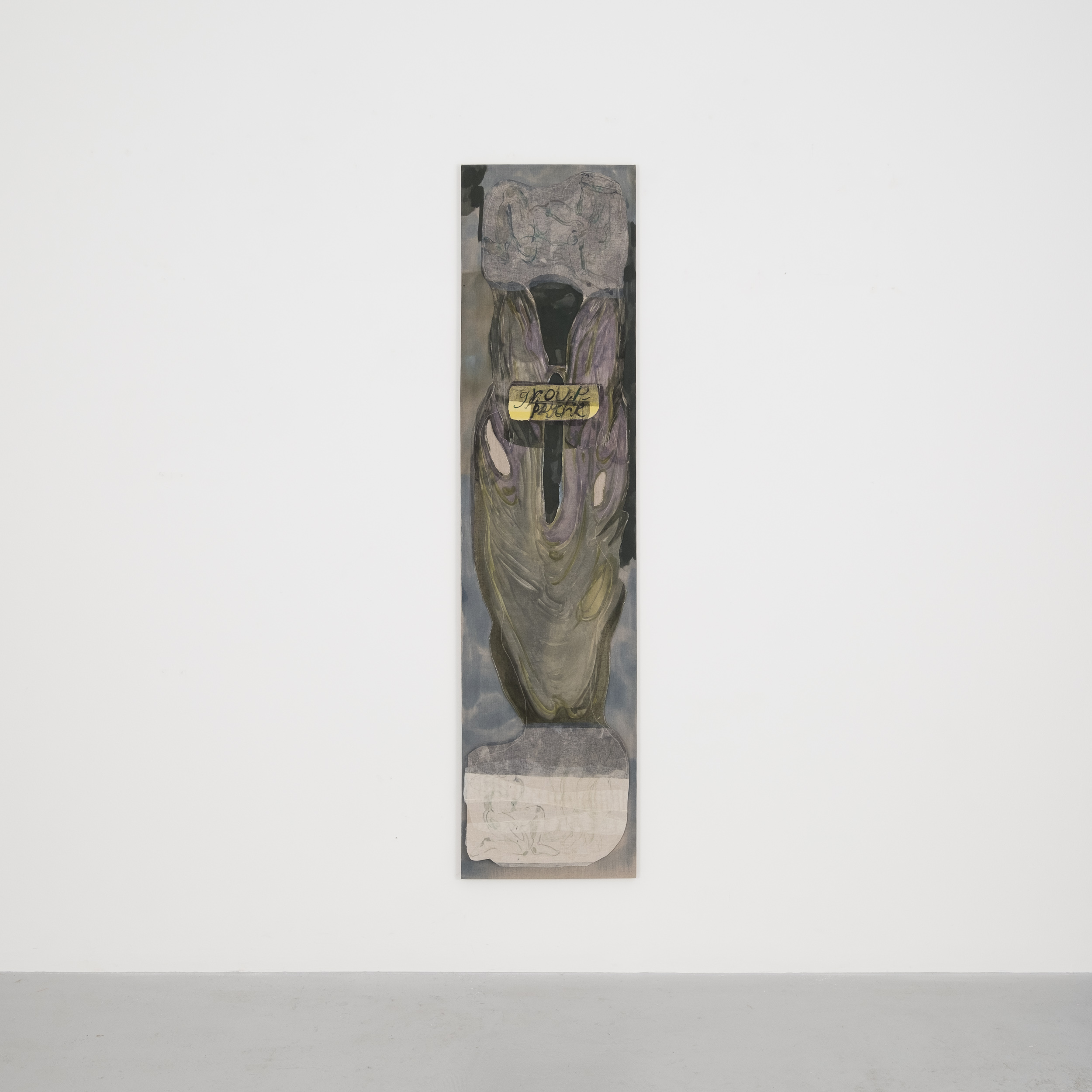 Jeanne Gaigher
mind, middle, sensations
choking with expectation
how could things be otherwise
a world evolving according to it’s own rhythms responsive life
a sequence from the back to the front
(sketch 2)
2023
Acrylic, ink, watercolour, scrim, Belgian linen and thread
200 x 49.5 cm