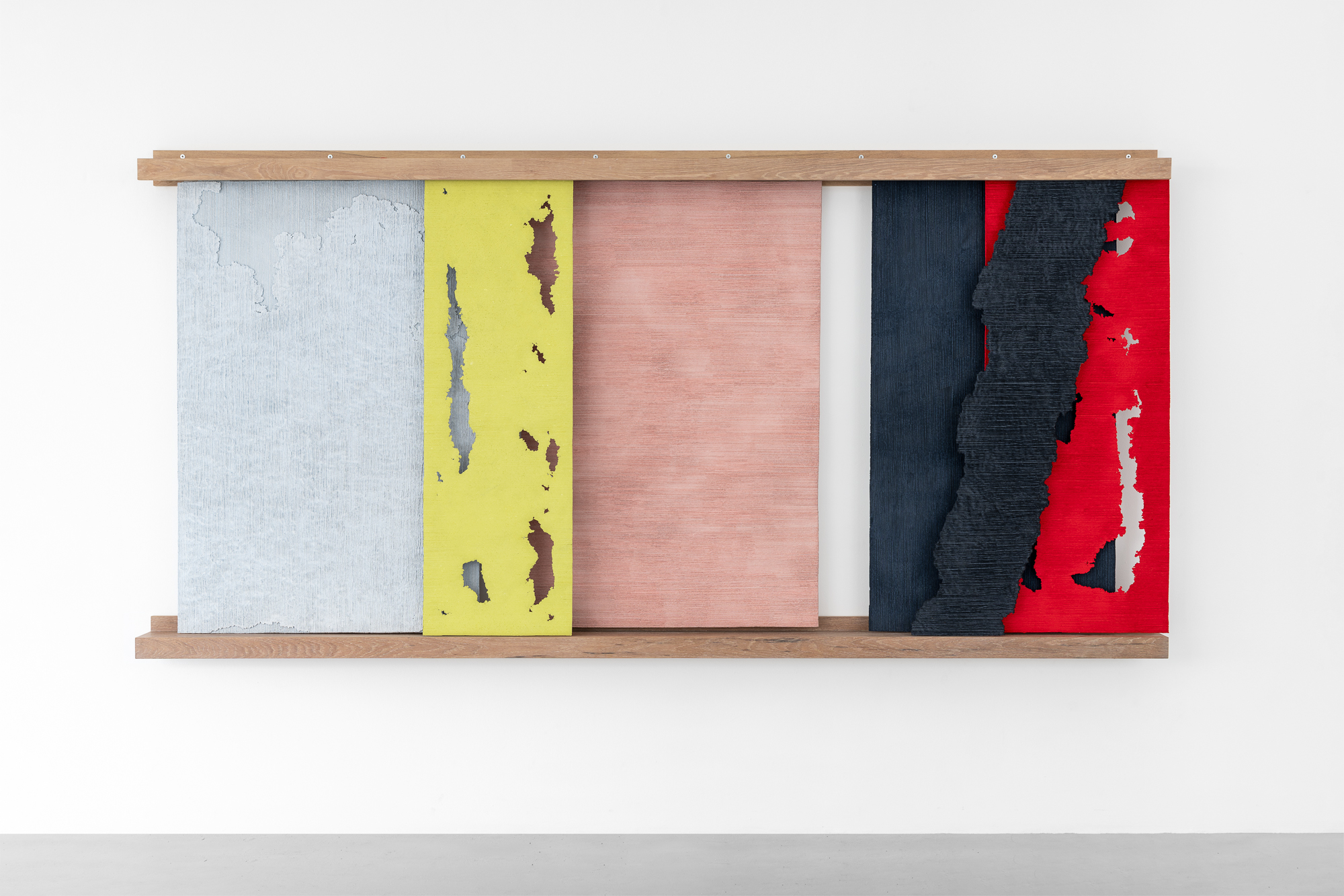Bella Knemeyer
Wish you were here, wish here was better
Mulched lotto tickets, bar cashups, locksmith cheques, apology letters and tissue paper with pigments on aluminium composite boards fitted on to sliders and oak rails
180 x 128 x 5 cm