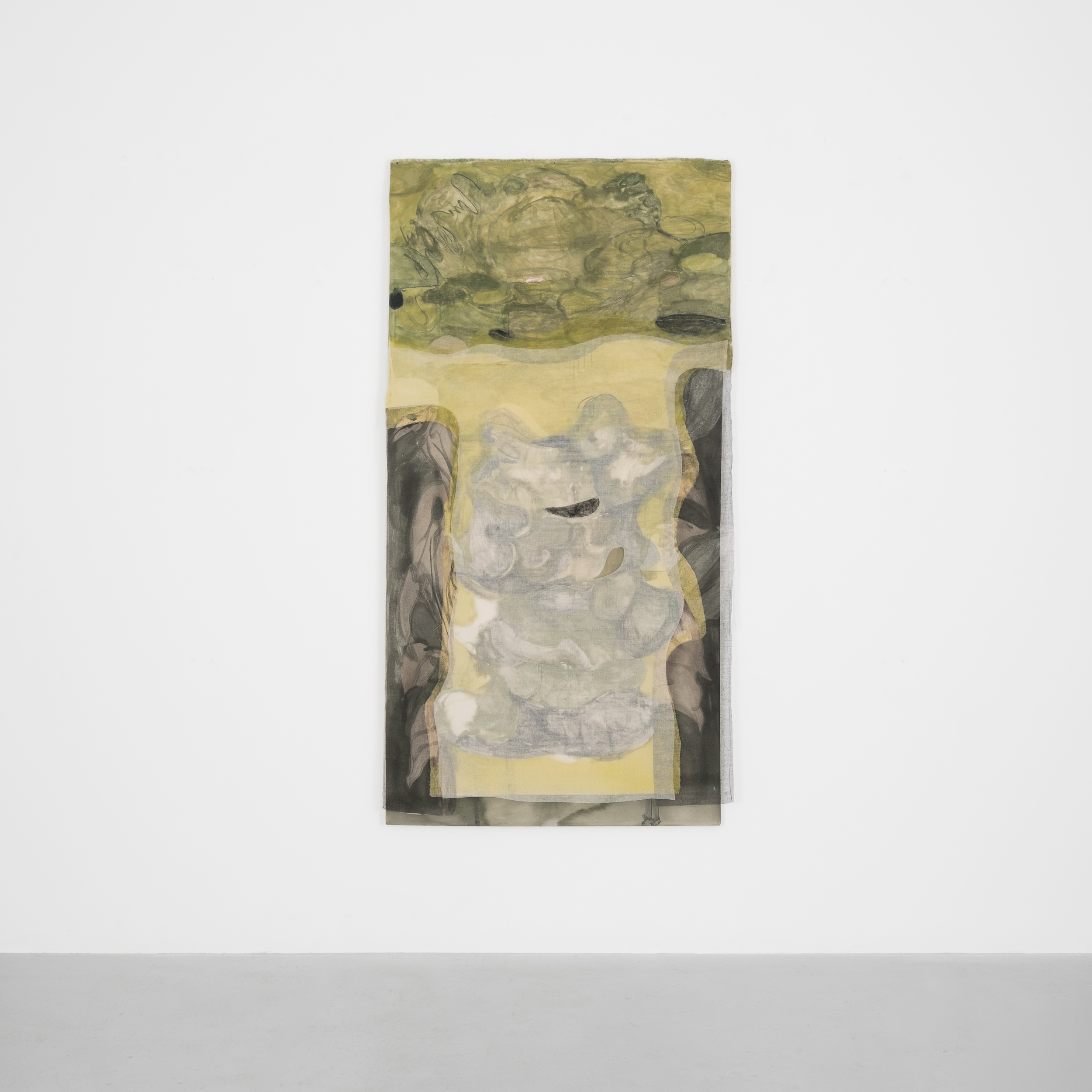 Jeanne Gaigher
mind, middle, sensations
choking with expectation
how could things be otherwise
a world evolving according to it’s own rhythms responsive life
a sequence from the back to the front
(9)
2023
Acrylic, ink, watercolour, scrim, raw canvas and thread
190 x 100 cm